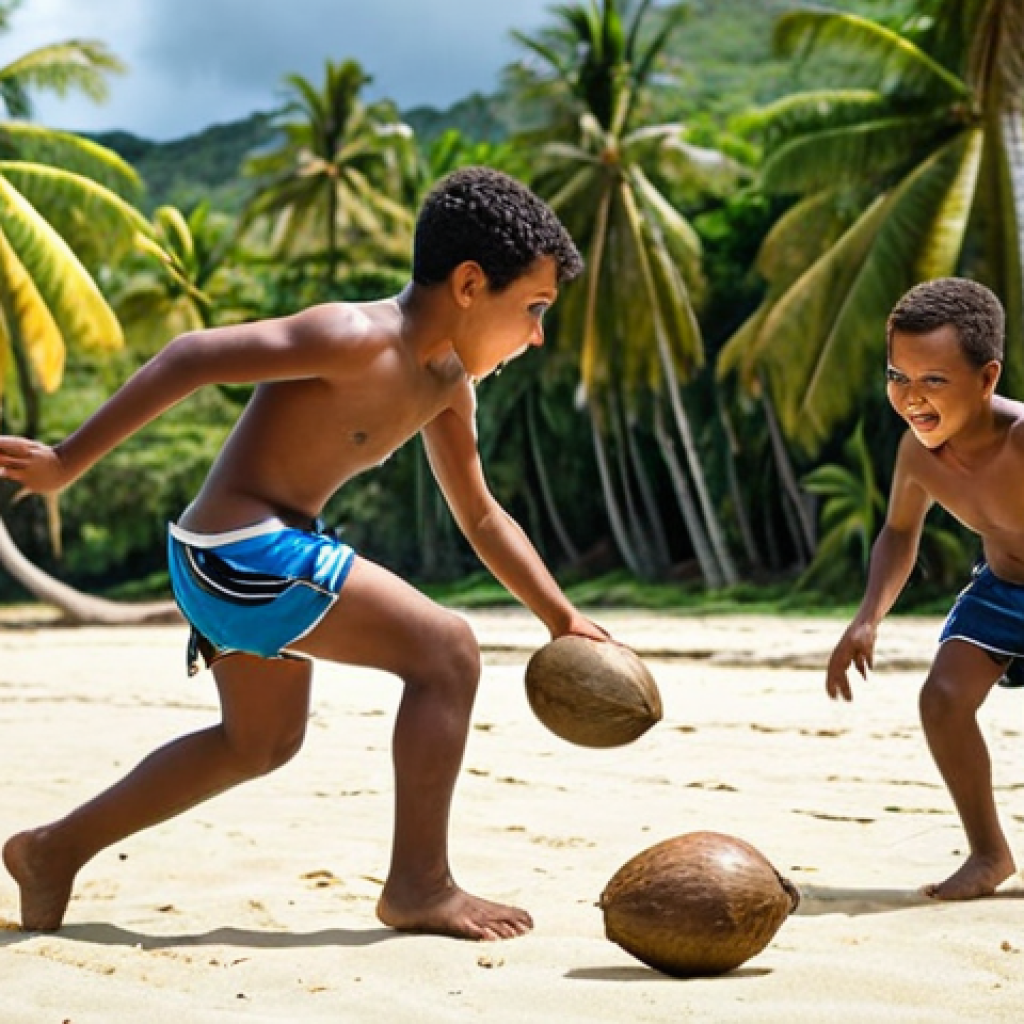 **Fijian children playing rugby on a beach with a coconut as a ball. Focus on their passion and the tropical setting.**