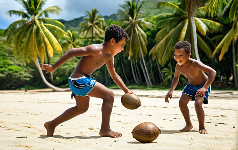 **Fijian children playing rugby on a beach with a coconut as a ball. Focus on their passion and the tropical setting.**