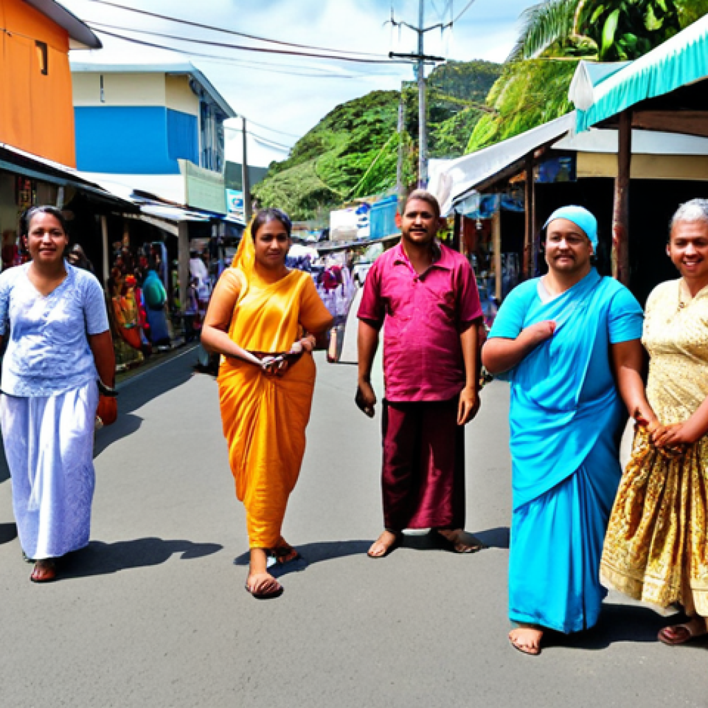**Image Prompt:** A vibrant street scene in Suva, Fiji, during Eid al-Fitr. Focus on the fusion of Indian and Fijian cultural elements: women in colorful saris alongside Fijian men in traditional sulus. Include stalls selling food and decorations, with a mosque visible in the background blending traditional Islamic architecture with local Fijian design. Show people of different ethnicities interacting and celebrating together.