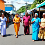 **Image Prompt:** A vibrant street scene in Suva, Fiji, during Eid al-Fitr. Focus on the fusion of Indian and Fijian cultural elements: women in colorful saris alongside Fijian men in traditional sulus. Include stalls selling food and decorations, with a mosque visible in the background blending traditional Islamic architecture with local Fijian design. Show people of different ethnicities interacting and celebrating together.