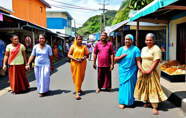 **Image Prompt:** A vibrant street scene in Suva, Fiji, during Eid al-Fitr. Focus on the fusion of Indian and Fijian cultural elements: women in colorful saris alongside Fijian men in traditional sulus. Include stalls selling food and decorations, with a mosque visible in the background blending traditional Islamic architecture with local Fijian design. Show people of different ethnicities interacting and celebrating together.