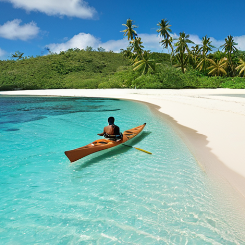 **Turquoise waters of Fiji lap against a white sand beach, with a solo kayaker gently paddling in the foreground.**
