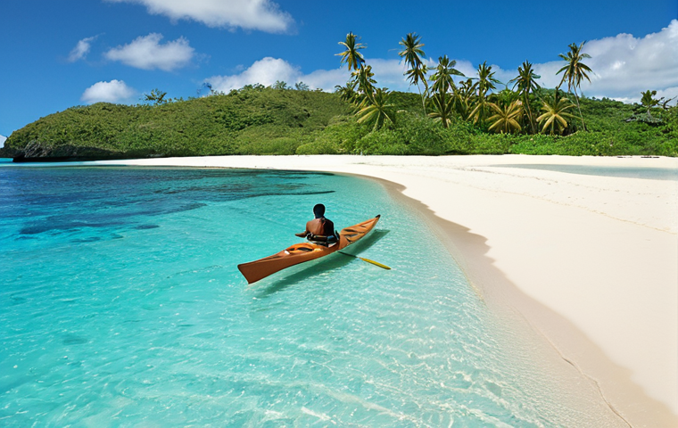 **Turquoise waters of Fiji lap against a white sand beach, with a solo kayaker gently paddling in the foreground.**