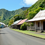**Levuka's Historic Charm:**
    "A serene and historic view of Levuka, Fiji's UNESCO World Heritage town. The image showcases well-preserved, charming wooden colonial buildings lining a tranquil Beach Street. Lush tropical hills provide a vibrant green backdrop under a clear, soft daylight sky. The scene should evoke a sense of stepping back in time, emphasizing the unique blend of European and traditional Fijian architecture, with a peaceful, unhurried atmosphere."